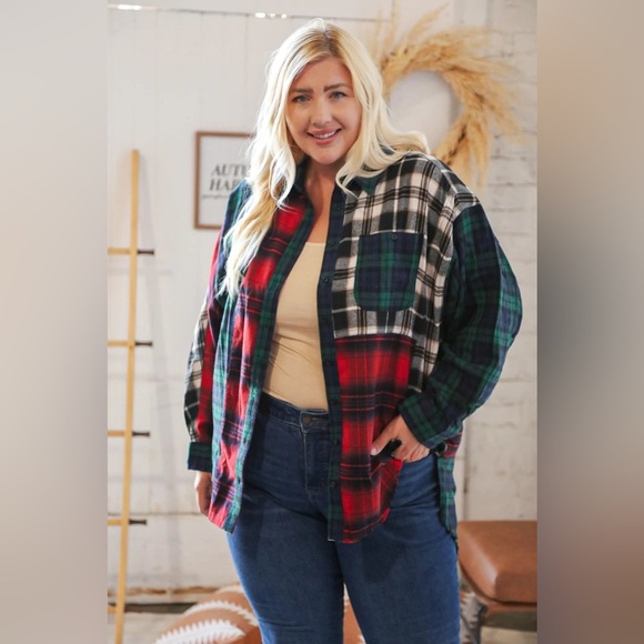 Christmas Plaid Cotton Color Block Cut-Edge Shacket